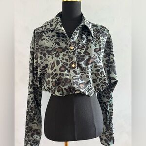 Cropped Leopard-Print Satin Button-Down Shirt in Sage Green